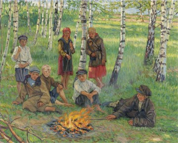 ニコライ・ペトロヴィッチ・ボグダノフ・ベルスキー Painting - キャンプファイヤーのそばで ニコライ・ボグダノフ・ベルスキー